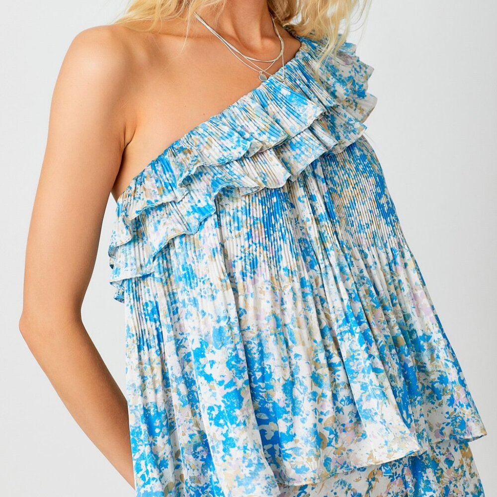 MYSTREE Blue Floral Pleated One Shoulder Ruffle Top Lightweight Boho Blouse